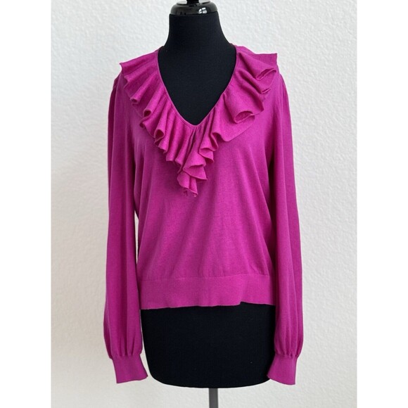 Lauren Ralph Lauren Black Label Women's Fuchsia Ruffled V Neck Sweater Sz XL NWT - Picture 1 of 7